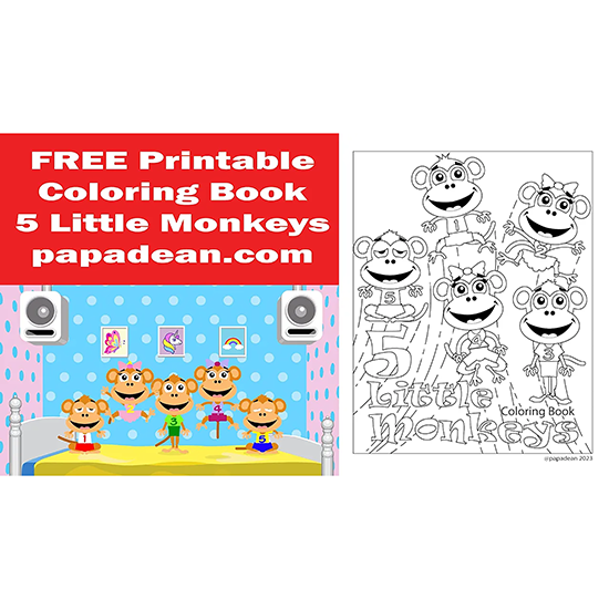 Free printable Five Little Monkeys video and coloring book featuring playful monkey characters, fun kid-friendly artwork, and downloadable coloring pages for preschool children.