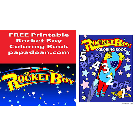 Colorful Rocket Boy artwork featuring a fun preschool countdown adventure from 5 to 1 with rockets, stars, planets, and a free coloring book activity for kids.